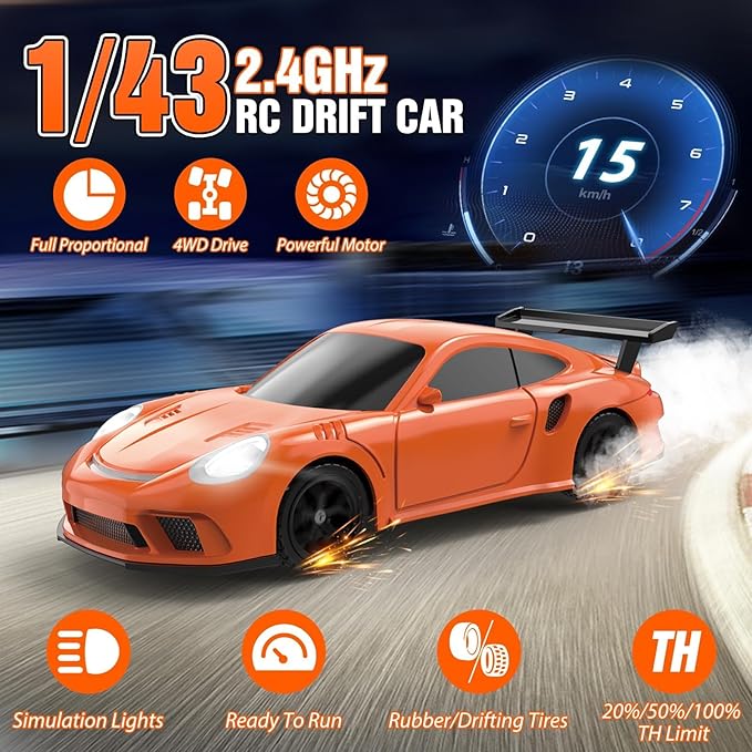 RC Drift Car, 1/43 Mini RC Drift Car with Gyroscope, 2.4GHz Full Proportional Remote Control Cars, 4WD High Speed Racing with Lights, Racing Tires, Model Cars Gift for Adults, Kids, Boys, Girls