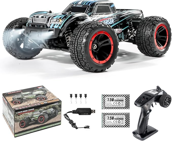 Double Delight Remote Control Car, 1:14 Scale RC Truck 38+ KM/H Speed, 2.4G All-Terrain Off-Road Truck Toy Gifts for Boys and Adults with 2 Rechargeable Batteries Provide 40+ Min Playtime (Blue)