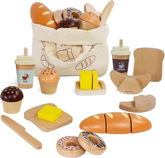 PairPear Wooden Bakery Toy Food Playset,Kids Pretend Play Food Kitchen Accessories with Shopping Bag,Toddlers Cutting Food Gift for Boys and Girls 3 Years and Up