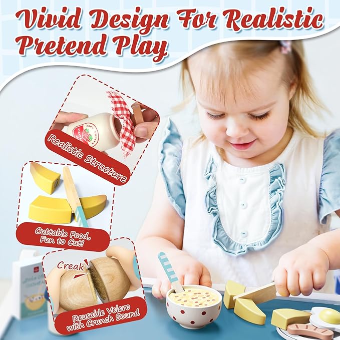 Lehoo Castle Wooden Play Food Set - Montessori Cutting Fruit Egg Bread, Pretend Breakfast Food Toys for Kids Kitchen, Educational Toddler Toys 3-5 Years, with Storage Bag, Birthday Gift for Boys Girls