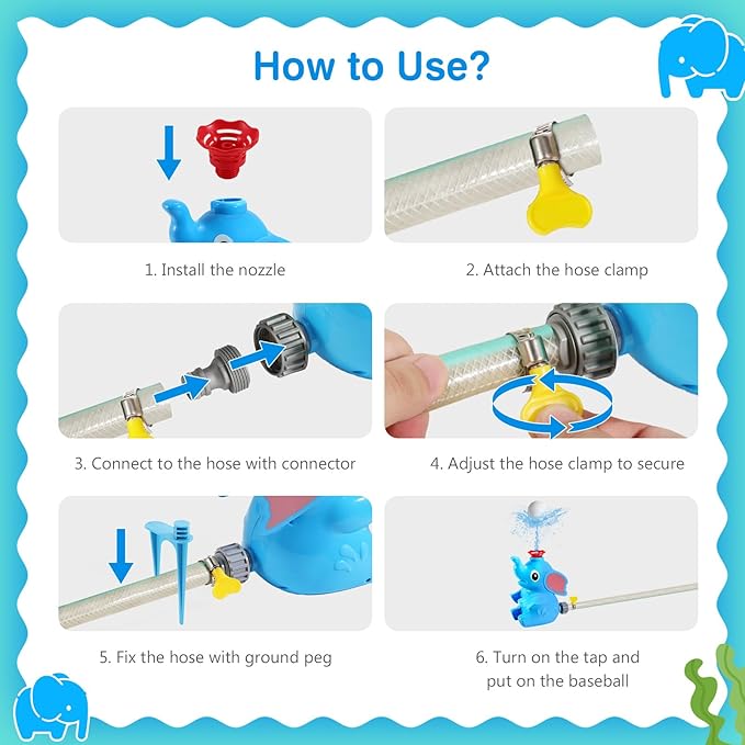 MoKo Water Sprinkler Baseball Toy for Kids Outdoor Play, 2 in 1 Baseball Water Games, 360° Rotatable Yard Sprayer Sprinkler, Toddler Outdoor Toys for Backyard Garden Lawn Pool, Blue Elephant