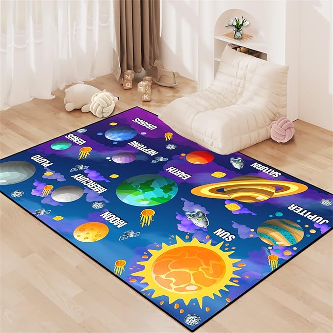 Black Space Rugs Educational Learning Large Size Solar System Carpet Rugs for Bedroom Boys Space Area Rug Living Bedroom Dining Room Decor Crystal Polyester Area Rug Door Mats, 3'×4'