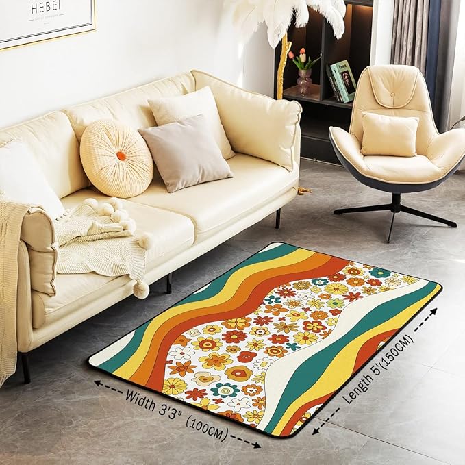 Erosebridal 70S Retro Flower Area Rug Kids Girls Cute Groovy Vintage Floral Rug 3x5 Rainbow Wavy Geometric Floral Hippie Colorful Abstract Boho Botanical Non Slip Carpet for Bedside