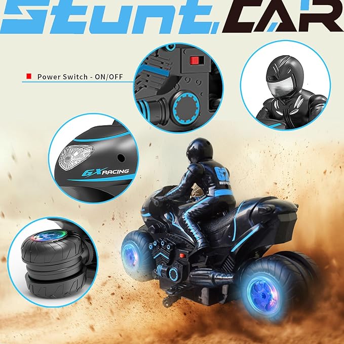 RC Motorcycle with LED Wheels, Remote Control Motorcycle 360° Spinning Wheels Stunt Motorbike - Rotating Drift 2WD High Speed Car Toys with Riding Figure - Gift for Kids Boys Girls - Blue