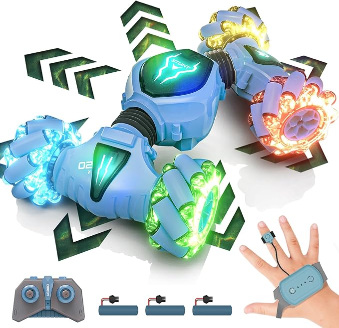 Tecnock Remote Control Car RC Cars for Boys Girls, 2.4GHz 4WD Gesture Sensing RC Stunt Car Toys - 360° Rotating Double Sided Hand Controlled RC Car with Lights, Gifts for Kids, Blue