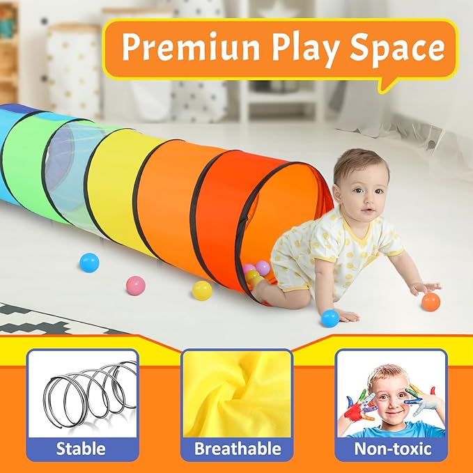 Kids Play Tunnel for Toddlers, 5.7 Foot Pop Up Crawl Through Tunnel Play Tent for Baby Infant Children or Dog with 2 Mesh Sides, Kids Tunnel Toys or Gift Indoor & Outdoor (Rainbow Crawling Tunnel)