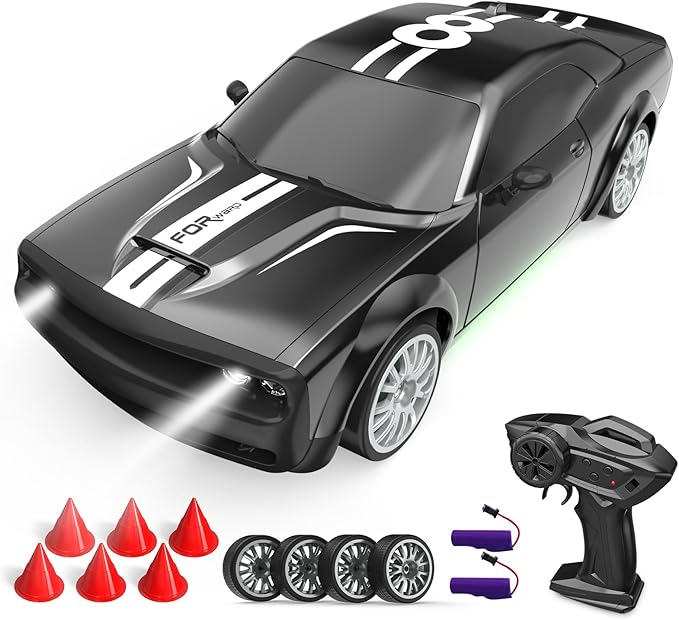Remote Control Car RC Drift Car 2.4GHz 1:20 Scale 4WD 20KM/H High Speed Remote Control Cars Vehicle with LED Lights Drifting Tire 2Pcs Rechargeable Batteries Toy Cars for Adults Boys Girls (Black)