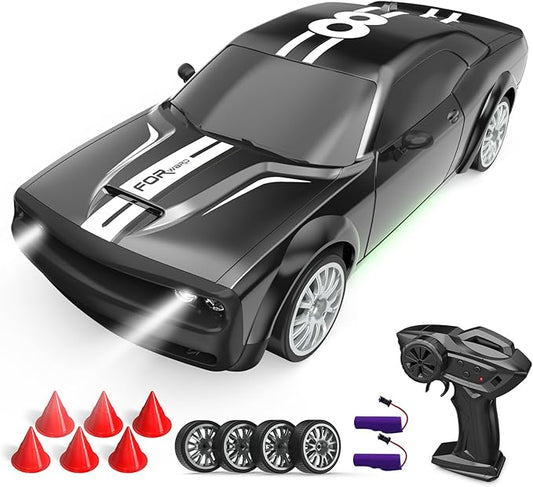 Remote Control Car RC Drift Car 2.4GHz 1:20 Scale 4WD 20KM/H High Speed Remote Control Cars Vehicle with LED Lights Drifting Tire 2Pcs Rechargeable Batteries Toy Cars for Adults Boys Girls (Black)