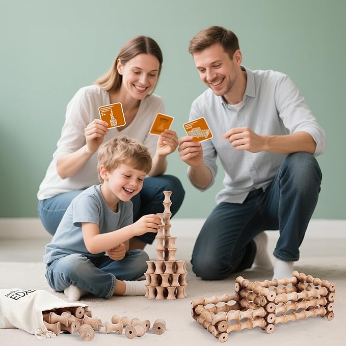 TZJ102, Wooden Building Blocks for Kids, 120Pcs WAVING Stacking Toys, Durable & Safe Wood, STEM Learning Toys with Canvas Bag & Parent-Child Cards, Ideal for Home, School, Travel & Outdoor Fun