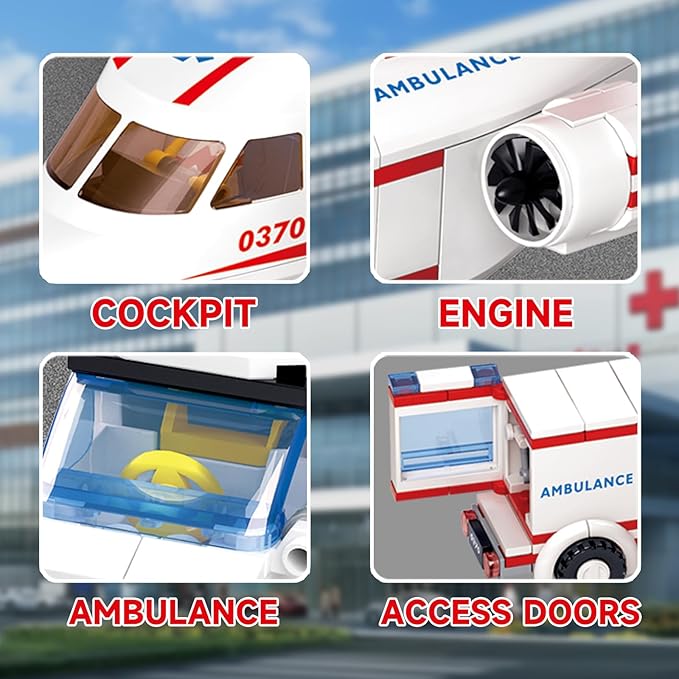 Sluban Rescue Plane Building Set with Ambulance Car, Stretcher and 4 Minifigures, City Airplane Hospital Vehicles Compatible with Lego Plane, Gift Idea for Kids, Girls and Boys Ages 6+, M38-B0370