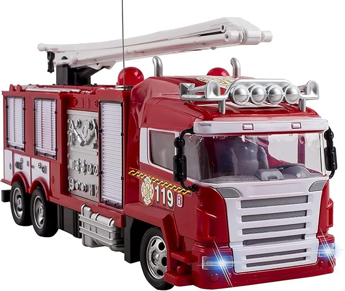 RC Fire Truck Rescue Engine Radio Remote Control w/ Music and Flashing Lights Rechargeable Battery