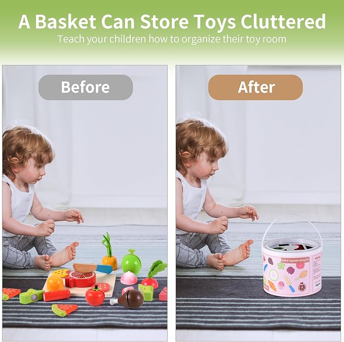 WHOHOLL Wooden Play Food Toys for Kids Kitchen Playset, Play Kitchen Accessories with Apron Pretend Cutting Food Montessori Toys for 3+ Year Old Girls and Boys