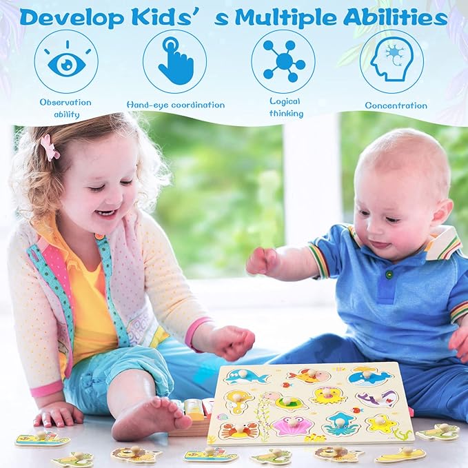 Chivao 8 Set Wooden Peg Puzzles for Toddlers 2-4 Years Alphabet Number Animal Vehicles Puzzles Board for Kids Educational Learning Toys for Children Babies Boys Girls(Lovely)