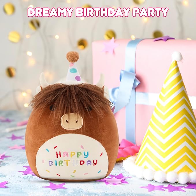 SQEQE Happy Birthday Highland Cow Plush Cute Cow Stuffed Animal Toy Brown Cow Plushies Doll Home Decor for Kids Girls Boys(Cow, 10 Inch)
