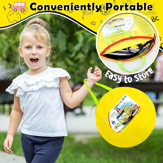 Pop up Play Tent for Kids Aged 1-3 Years Old Boys and Girls : School Bus Tent Playhouse Toy Play Tents for Toddlers 3-5 Kids Tent Indoor Outdoor Playhouse Toys for 1 + Year Old, School Bus