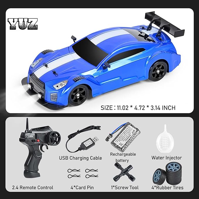 YUZ Remote Control Car RC Drift Car 1/16 Scale 4WD 18KM/H High Speed RC Car 2.4GHz with LED Lights Spray Racing Toy Car for Adults Boys Girls Kids Birthday 2Pcs Rechargeable Batteries, Blue