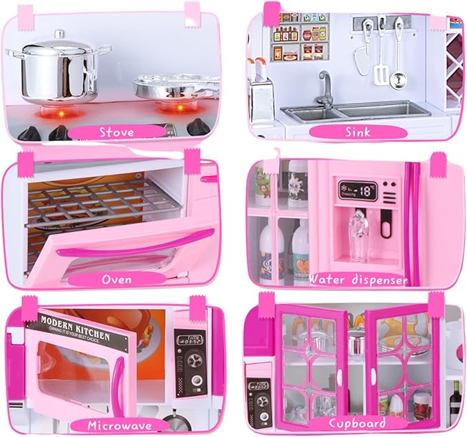 Doll Kitchen Playset for Kids, My Modern Mini Kitchen House Furniture Pretend Play Toy Accessories Set with Realistic Lights & Sounds for Toddlers, Girls (5-in-1 Kitchen Set)