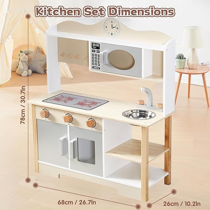 Kids Play Kitchen, Wooden Toy Kitchen Playset for Kids with 12 Pcs Toy Food & Cookware Accessories, Childrens Pretend Kitchen Playset for 3+ Years Old