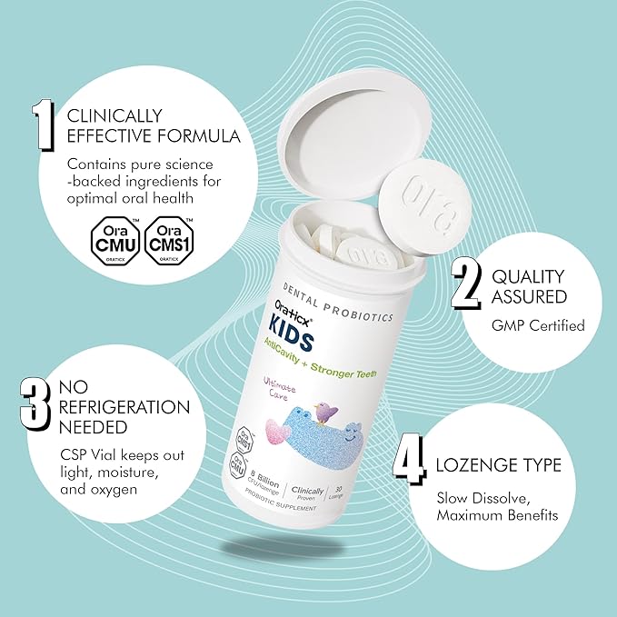 Kids Dental Probiotics for Anti-Cavity + Healthy Teeth and Gums, 8 Billion CFU Probiotics for Oral Health, Yogurt Flavor 1-PK