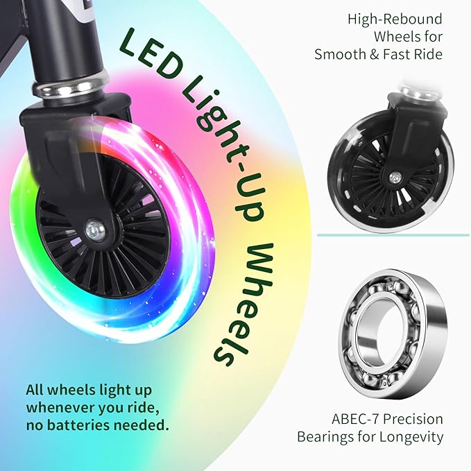 BELEEV V2 Scooters for Kids with Light-Up Wheels & Stem & Deck, 2 Wheel Folding Scooter for Girls Boys, 3 Adjustable Height, Non-Slip Pattern Deck, Lightweight Kick Scooter for Children Ages 3-12