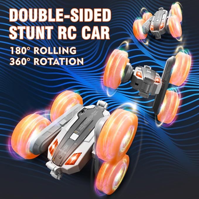 Remote-Control-Car-Stunt-RC-Car, New Upgraded 2.4Ghz 4WD Double-Sided 360° Rotating RC Crawler with Headlights & Wheel Lights, RC Truck Toy Cars Gift for Kids Boys and Girls Aged 6-12