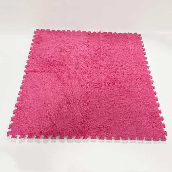 Interlocking Carpet Shaggy Soft EVA Foam Mats Fluffy Area Rugs Protective Floor Tiles Exercise Play Mat for Children Kids Room Home Parlor Bedroom (12 Pcs, Rose)
