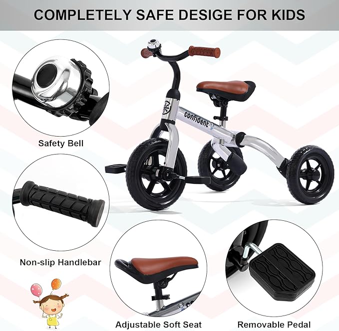 XPIY Tricycle for Toddlers Age 2-5 Years Old, 3 in 1 Folding Toddler Bike for Boys and Girls, Kids' Bike Trike with Detachable Pedal and Adjustable Seat (Glitter Silver)