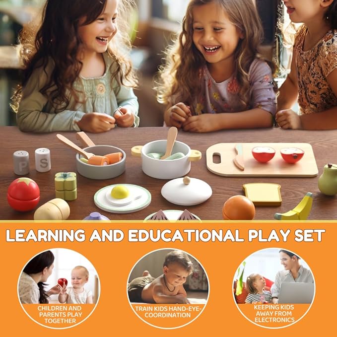 Wooden Food Set for Kids with Cookbook Magical Recipes, Wood Velcro Cutting Fruit and Vegetables Toy for Toddlers, Cooking Pretend Play, Kitchen Accessories, Early Education Toys