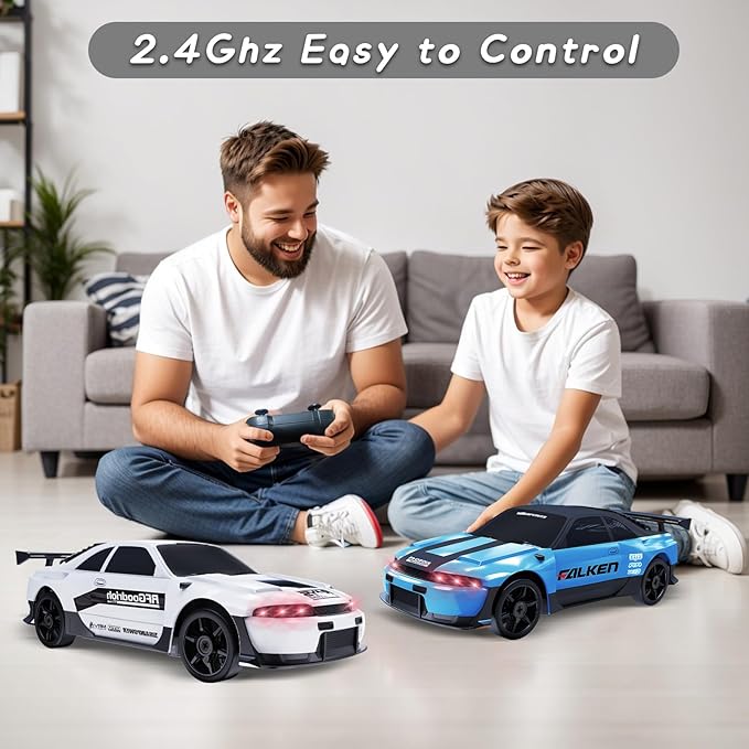RC Drift Car, 1/24 Remote Control Car 4WD RC Cars for Kids, 2.4GHz Hobby Racing Car Toys White Drifting RC Car with LED Light Rechargeable Battery and Drift Tires Toy Cars for Boys