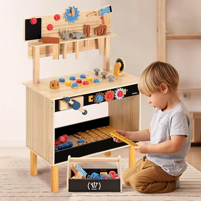 PairPear Wooden Kids Tool Bench, Toddler Workbench with 71 PCS Tool Set, Wooden Toy Play Worshop Toolbox with Drill, Hammer, and Construction Tools, Kids Gift for Boys & Girls 3+ Years Old