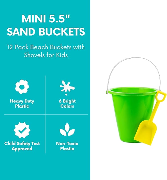 12 Sets 5.5" Sand Buckets and Shovels for Kids Bulk (12 Pack) Small Beach Bucket for Summer Outdoor Sand Toys, Party Favors, Basket Stuffers, End of Year Student Gifts from Teacher