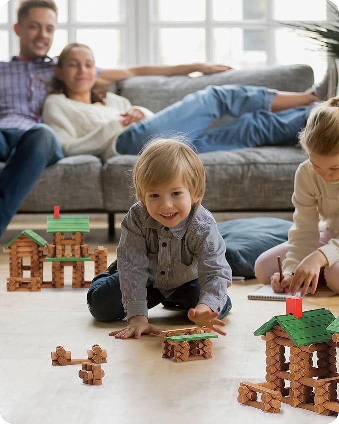 SainSmart Jr. 450 PCS Wooden Log Cabin Set Building House Toy for Toddlers, Classic STEM Construction Kit with Colorful Wood Logs Blocks for 3+ Years Old