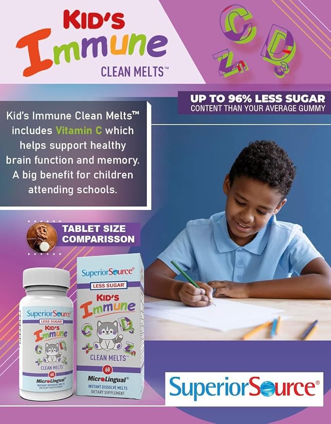 Superior Source Kid's Immune Clean Melts - Immunity Support Supplement - Contains Vitamin C, Vitamin D3, Zinc & Elderberry Extract - Non-GMO & Gluten-Free - 60 MicroLingual Dissolvable Tablets
