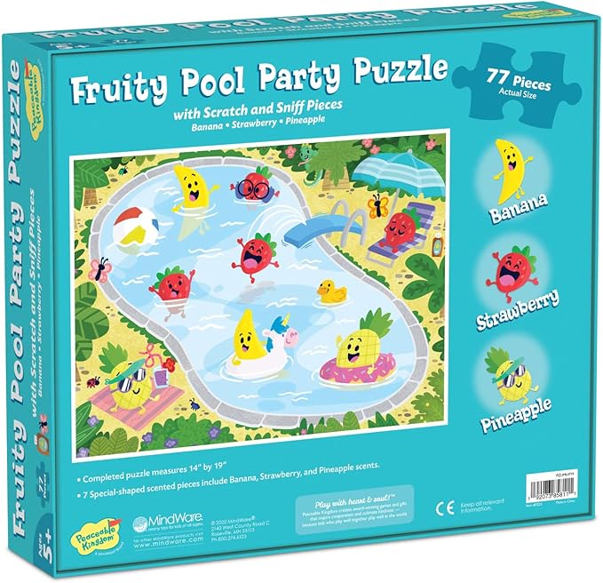Peaceable Kingdom Scratch & Sniff Puzzles – Fruity Pool Party - 77pc Sensory Puzzle for Kids Ages 5 & up - Banana, Strawberry & Pineapple scents - Great for classrooms