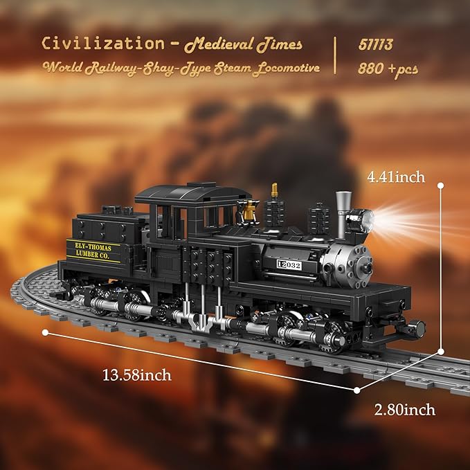 JMBricklayer Train Building Set with Lights 51113, Remote Control Classic Train Model Toy with Tracks, Shay-Type Steam Locomotive Train Set Display, Ideal Gift for Train Lovers, Kids Aged 14+(880PCS)