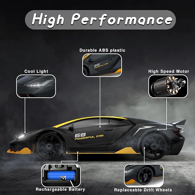 RC Drift Car, 1/24 4WD Remote Control Car with LED Light, Two Rechargeable Batteries and Drift Tires for Kids, Boys, Girls and Adults