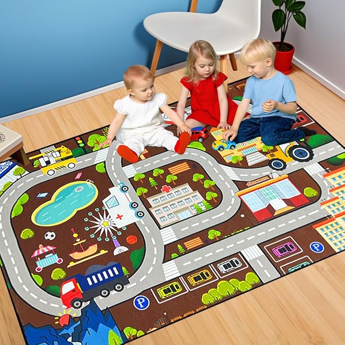 Car Rugs for Kids Toy Cars - City Life Road Rug for Playroom Car Track Rug Car Carpet for Kids Boys Living Room Bedroom Classroom, 3'×5'