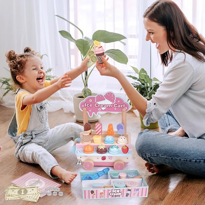 Dreamon Wooden Ice Cream Toys for Kids Toddlers, 48 PCS Ice Cream Cart Play Kitchen Accessories with Menu, Pretend Money, Wooden Ice Cream Shop Play Food Sets for 3 4 5 6 Year Old Girls Boys Gifts