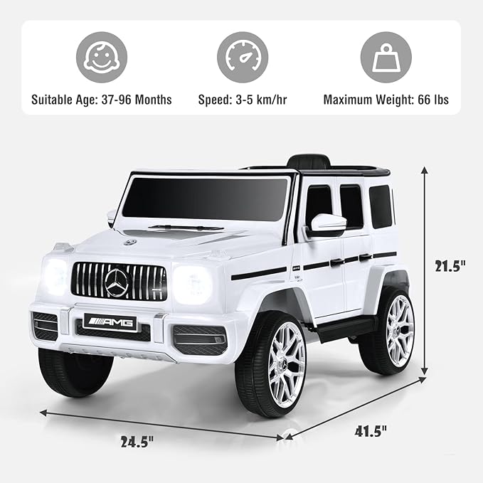 OLAKIDS 12V Kids Ride On Car, Licensed Mercedes Benz G63 Electric Vehicle with Remote Control, Double Open Doors, Music, Bluetooth, 2 Speeds, Wheels Suspension, Battery Powered Driving Toy (White)