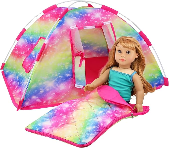 ZITA ELEMENT 7 Items Fashion Doll Camping Tent Set for 18 Inch Girl Doll Accessories - Including 18 Inch Doll Camping Tent, Sleeping Bag, Clothes Set, Shoes, Camera, Eye Glasses and Toy Dog