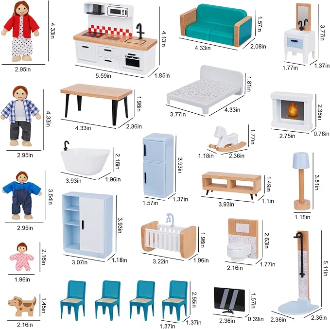 Wooden Dollhouse Furniture Set for Kids, 26 Pcs Dollhouse Accessories with 4 Family Dolls and Dog, Miniature Doll House Furniture Toys Pretend Play Set for G irls Boys Age 3+