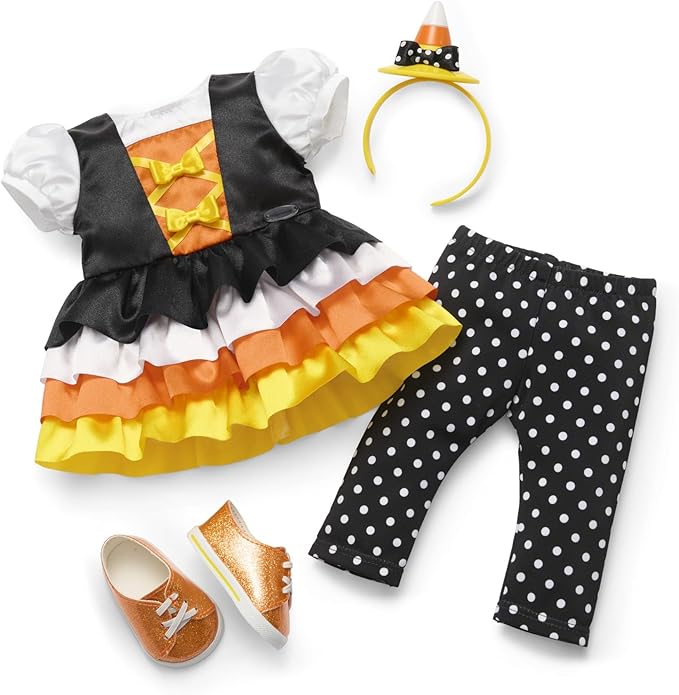 American Girl Trick-or-Treat Candy Halloween Costume for 18 inch Doll Clothes with Polka-dot Leggings, 4 pcs, Ages 6+