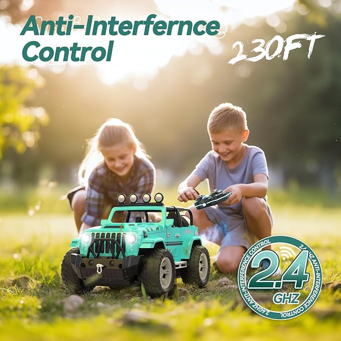 DEERC Remote Control Car with Fog Mist & Music, 1:16 Remote Control Truck for Boys, 2.4Ghz RC Car Toy with 2 Batteries, All Terrain SUV Gifts Crawler with Trailer Hitch