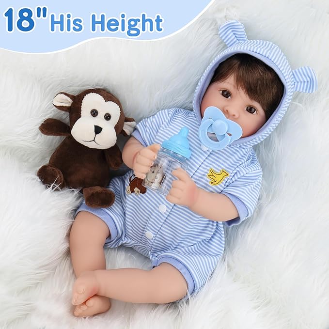 Aori Lifelike Reborn Baby Dolls Blue Bassinet 18 inch Realistic Newborn Boy Doll with Weighted Soft Body with 8 Piece Monkey Toy Carrier Bed Set