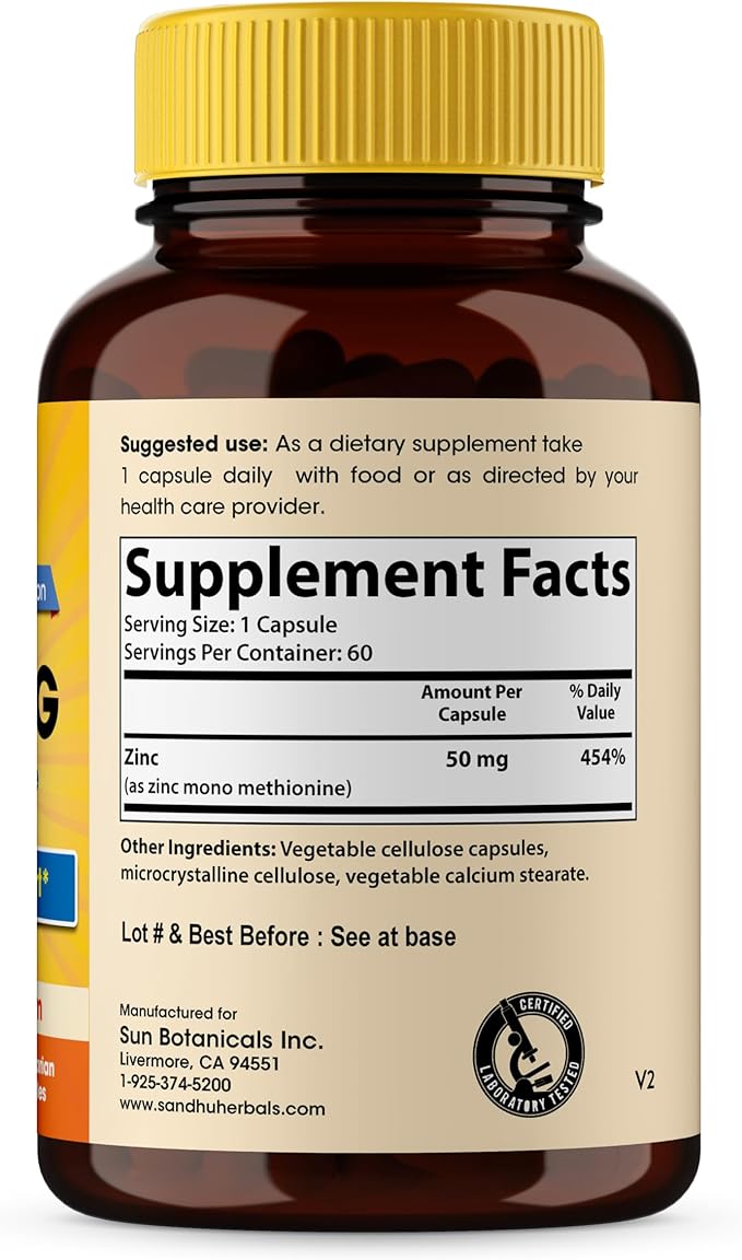 Sandhu Herbals Zinc 50mg Supplement for Men & Women| High Absorption Zinc Monomethionine Complex 60 Capsules| Supplements for Immune, Acne & Antioxidant Support| Vegetarian