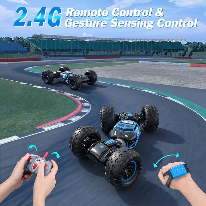Powerextra Gesture Sensing RC Car, 1:16 Scale Outdoor Remote Control 4WD Stunt Car, Double Side All Terrains Toy with Two Batteries, 50+ Mins Play Time for Kids & Boys