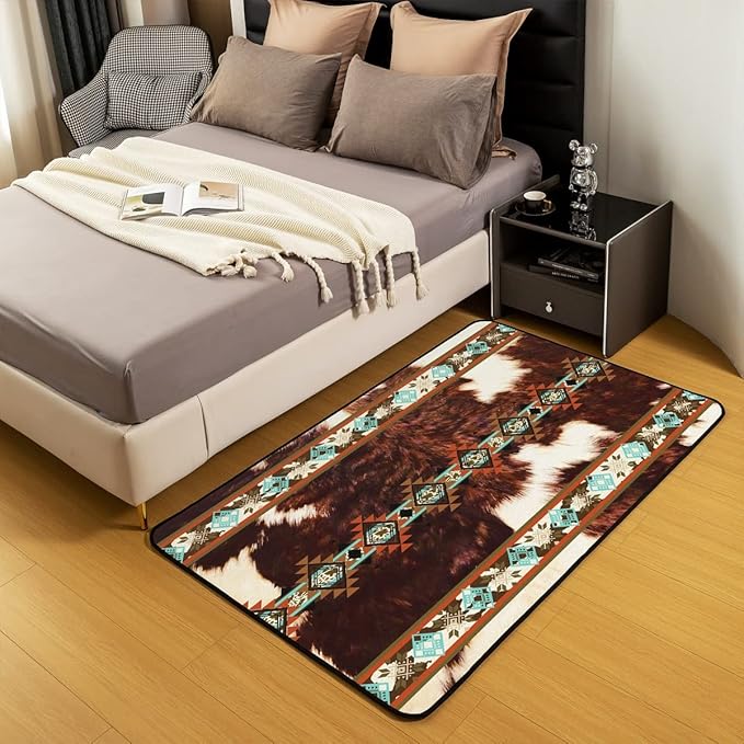 Erosebridal Cowhide Area Rug 4x5, Brown Highland Cow Print Rug, Western Rugs Exotic Aztec Carpet for Bedside, Farmhouse Wild Animals Longhorn Skin Cowboys Indoor Floor Mat for Men
