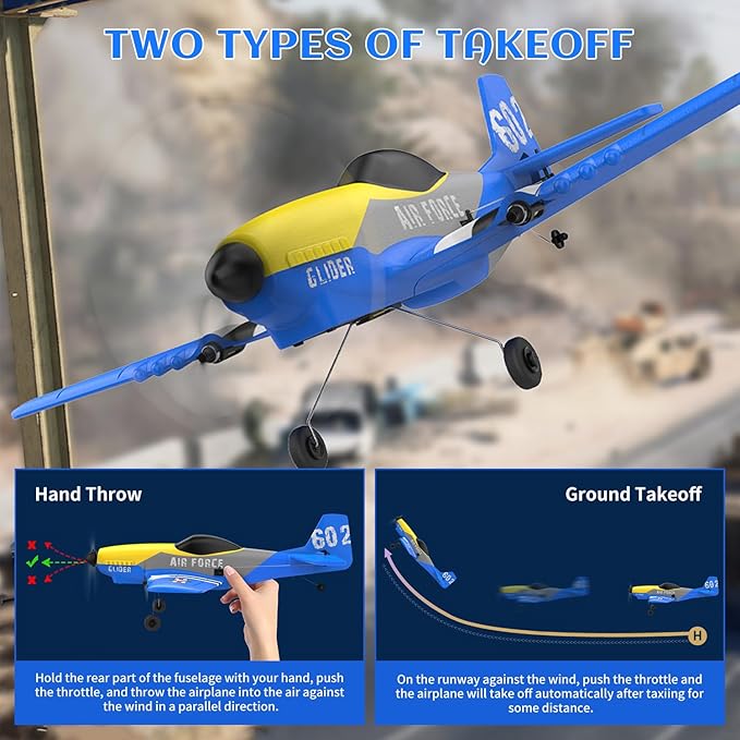 Rc Plane 3-Channel 2.4GHZ Rc Airplane, P51 Mustang Fighter with 2 Batteries, 6 Gyroscopes Stabilization System Easy to Fly Suitable for Beginners, Kids, Adults, Blue