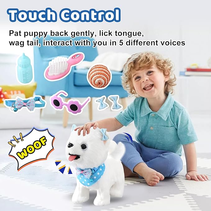 Samoyed Walking Dog Toy for Kid Girl Puppy Toy Licking Barking with Leash, Electric Talking Singing Tail Wag Plush Robot Doggy DIY Pretend Dress Up Interactive Dog