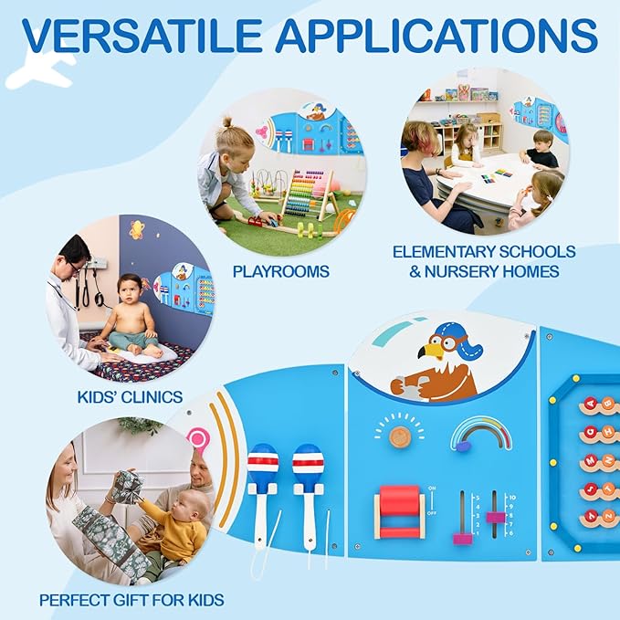 Monläurd® Wooden Airplane Activity Wall Panel for Kids, Wall Toys for Toddlers 1-3, Playroom Toys, Daycare Furniture, Montessori Busy Board